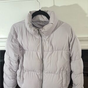 Lavender cropped puffer.
